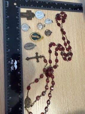 Deep Red Beaded Rosary with Multiple Religious Medals